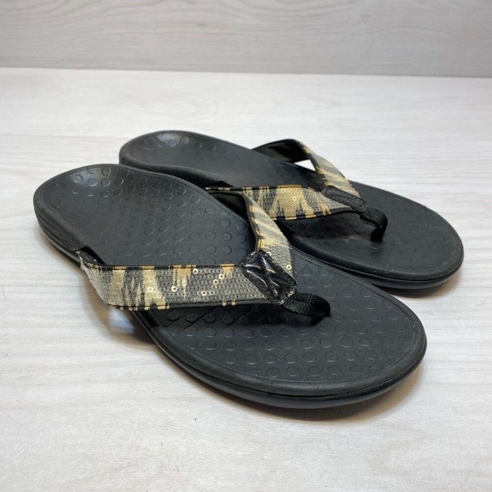 Vionic Womens Size 7 Tide Sequins Sandal Black White Thong Flip Flip